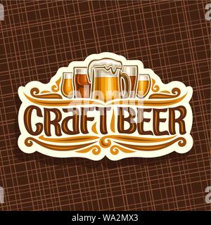 Logo Vector pour Craft Beer, signalisation blanc avec verres de bière pilsner tchèque projet et mug de craft, lager allemande brosse originale de caractères mots cr Illustration de Vecteur