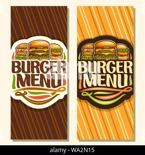 Bannières vecteur pour Burger Menu, notice avec cheeseburger, veggieburger et hamburger avec escalope de poulet frit, de caractères d'origine des mots m'burger Illustration de Vecteur