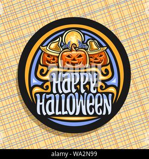 Logo Vector pour Halloween de sombre, signe avec Orange ronde citrouilles sculptées et pleine lune, pinceau original de caractères mots bleu happy Halloween, Illustration de Vecteur