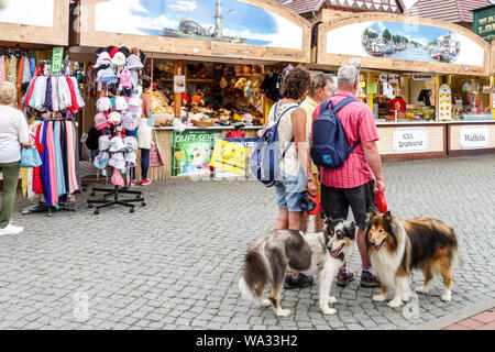 Les touristes de Warnemunde, les gens à pied avec les chiens dans la vieille ville, se dresse, Rostock Allemagne Banque D'Images
