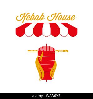 Inscrivez-Kebab House, de l'emblème. Auvent à rayures rouge et blanc tente. La viande grillée. Les couleurs or et rouge. Télévision Vector Illustration. Illustration de Vecteur