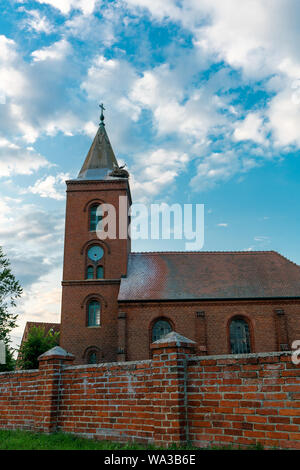 Église dans Guelpe, Allemagne avec deux cigognes reproducteurs sur le toit de la tour de l'horloge Banque D'Images