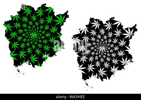 La Préfecture d'Okayama (divisions administratives du Japon, préfectures du Japon) La carte est conçue de feuilles de cannabis vert et noir, Okayama carte de mariju Illustration de Vecteur