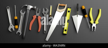 Divers outils à main withcopy l'espace sur un arrière-plan. 3d illustration Banque D'Images