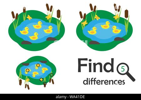 Trouver 5 différences, jeu pour les enfants, un étang avec des canards en cartoon style game pour enfants, l'éducation préscolaire, de l'activité Feuille de tâche, pour la Illustration de Vecteur