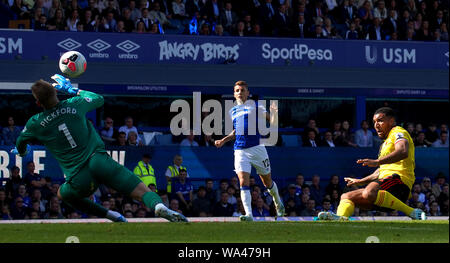 Troy Deeney de Watford (à droite) a une chance au but sauvé par le gardien d'Everton Jordan Pickford (à gauche) au cours de la Premier League match à Goodison Park, Liverpool. Banque D'Images