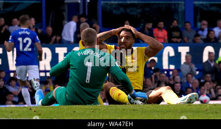 Troy Deeney de Watford (centre gauche) a une chance sauvé par le gardien d'Everton Jordan Pickford (à droite) au cours de la Premier League match à Goodison Park, Liverpool. Banque D'Images