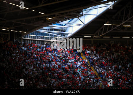 Fans dans les peuplements au cours du match amical au stade de la Principauté, Cardiff. Banque D'Images