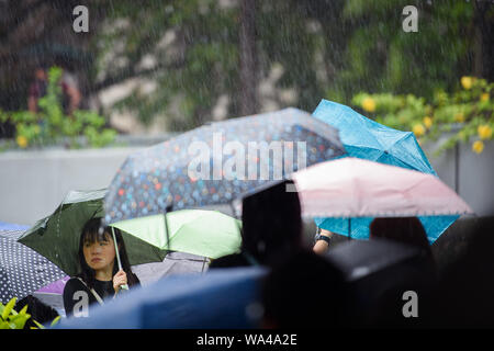 Hong Kong, Chine. Août 17, 2019. Un manifestant tient un parapluie dans sa main à un meeting de protestation par les enseignants à Chater Garden. À Hong Kong il y a eu des protestations massives pendant plus de deux mois maintenant. Les manifestations ont été déclenchées par un projet de loi du gouvernement - en attente - d'extrader des suspects à la Chine. Credit : Gregor Fischer/dpa/Alamy Live News Banque D'Images