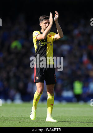 Liverpool, Lancashire, Royaume-Uni. Août 17, 2019. 17 août 2019 ; Premier League, Everton contre Watford ; Watford defender Craig Cathcart applaudit les partisans à se déplacer loin après le coup de sifflet final - éditorial uniquement. Credit : Action Plus Sport Images/Alamy Live News Banque D'Images