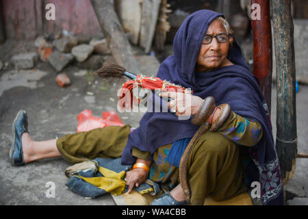 Vieille Femme ridée à mendier dans les rues de Delhi en Inde. Banque D'Images