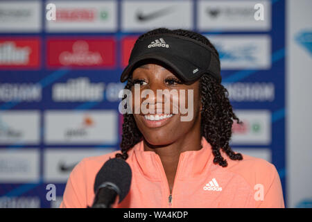 BIRMINGHAM, Royaume-Uni. Août 17, 2019. Kendra Harrison de USA (100m haies - détenteur du record du monde, Champion du monde 60 m haies) au cours du Grand Prix de Birmingham 2019 Muller Conférence de presse pré-événement du Crowne Plaza Hotel le Samedi, Août 17, 2019 à Birmingham en Angleterre. Credit : Taka G Wu/Alamy Live News Banque D'Images