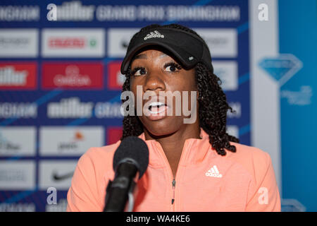 BIRMINGHAM, Royaume-Uni. Août 17, 2019. Kendra Harrison de USA (100m haies - détenteur du record du monde, Champion du monde 60 m haies) au cours du Grand Prix de Birmingham 2019 Muller Conférence de presse pré-événement du Crowne Plaza Hotel le Samedi, Août 17, 2019 à Birmingham en Angleterre. Credit : Taka G Wu/Alamy Live News Banque D'Images