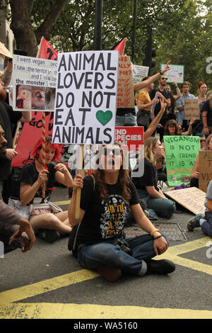 Londres, Royaume-Uni - 17 août 2019 : Des milliers de manifestants pour les droits des animaux s'ot la rue de Londres dans un mars de Park Lane à Whitehall, conduisant à la fermeture des routes autour de Traflagar Square le 17 août 2017. Mars fondée par l'organisation de défense des droits des animaux au Royaume-Uni a commencé les surtensions à Londres en 2016 avec 2 500 participants en 2018 et avait rassemblé une présence mondiale de 28 000 végétaliens marchant dans 25 villes à travers le monde, exigeant la fin de toute oppression des animaux. Crédit : David Mbiyu/Alamy Live News Banque D'Images