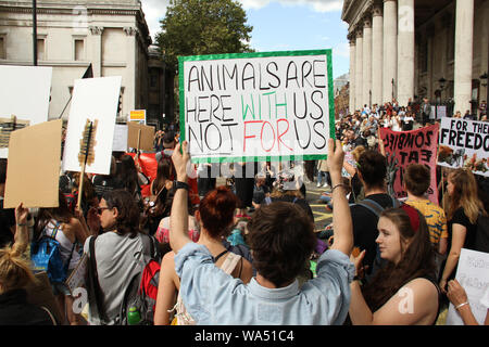 Londres, Royaume-Uni - 17 août 2019 : Des milliers de manifestants pour les droits des animaux s'ot la rue de Londres dans un mars de Park Lane à Whitehall, conduisant à la fermeture des routes autour de Traflagar Square le 17 août 2017. Mars fondée par l'organisation de défense des droits des animaux au Royaume-Uni a commencé les surtensions à Londres en 2016 avec 2 500 participants en 2018 et avait rassemblé une présence mondiale de 28 000 végétaliens marchant dans 25 villes à travers le monde, exigeant la fin de toute oppression des animaux. Crédit : David Mbiyu/Alamy Live News Banque D'Images