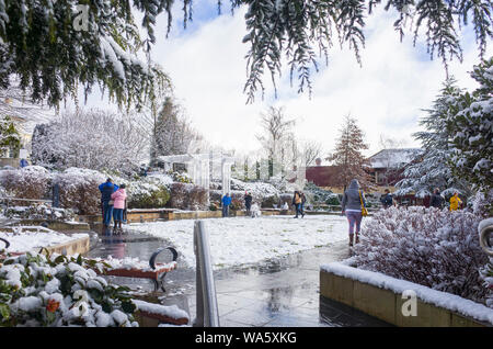 Katoomba, Blue Mountains, Australie, 10 août 2019 : les touristes appréciant les jardins enneigés à l'historique Hôtel Carrington à Katoomba après un hiver snowf Banque D'Images