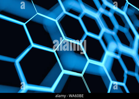 Hexagone bleu brillant et franchi les lignes, rendu 3d. Dessin numérique de l'ordinateur. Banque D'Images