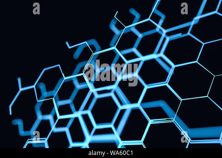 Hexagone bleu brillant et franchi les lignes, rendu 3d. Dessin numérique de l'ordinateur. Banque D'Images
