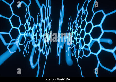 Hexagone bleu brillant et franchi les lignes, rendu 3d. Dessin numérique de l'ordinateur. Banque D'Images