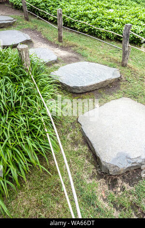 Allée de jardin, stepping stones, clôture en bois et d'herbe ornementale Banque D'Images