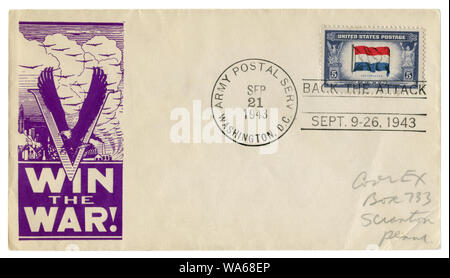 Washington, D.C., service postal militaire, les USA - 21 septembre 1943 : l'enveloppe historique : couvrir avec un cachet patriotique gagner la guerre ! Retour l'attaque Banque D'Images