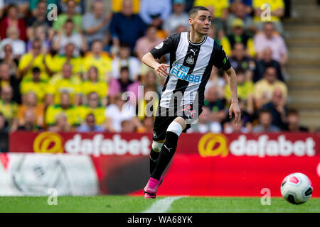 Norwich, Royaume-Uni. 17 août 2019. Miguel Almiron de Newcastle United lors du premier match de championnat entre Norwich City et Newcastle United à Carrow Road, Norwich le samedi 17 août 2019. Usage éditorial uniquement, licence requise pour un usage commercial. Photographie peut uniquement être utilisé pour les journaux et/ou à des fins d'édition de magazines. (Crédit : Alan Hayward | MI News) Credit : MI News & Sport /Alamy Live News Banque D'Images