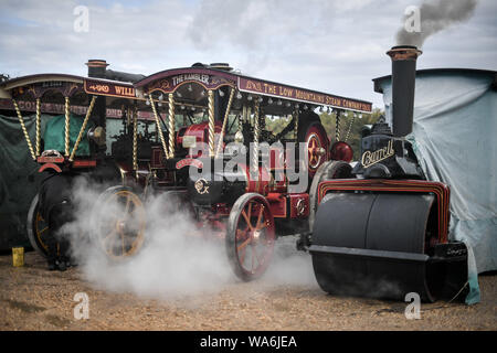 Showman et moteurs de traction à vapeur Drusilla's Inn, près de Horton, Dorset, comme des dizaines de véhicules à vapeur se préparent à faire le voyage jusqu'à la grande foire de vapeur Dorset, où ils seront rejoints par des milliers de passionnés de célébrer la puissance de la vapeur à partir de 22 Août sur le week-end férié. Banque D'Images