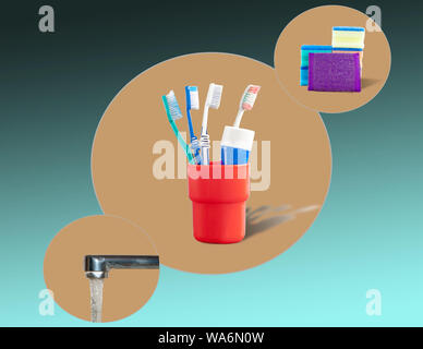 Dentifrice brosses à dents et les gants de l'eau fonctionne à partir d'un robinet ouvert Banque D'Images