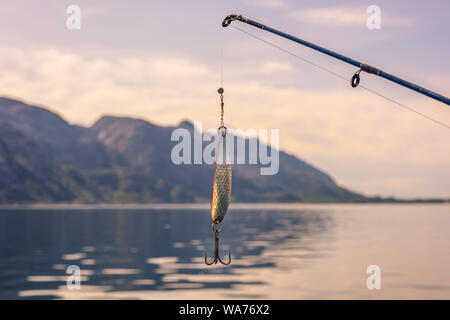 Crochet de pêche et la tige dans le magnifique paysage norvégien Banque D'Images
