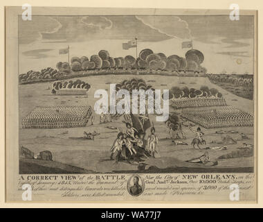 Une vue correcte de la bataille près de la ville de La Nouvelle Orléans, le 8 janvier 1815, sous le commandement du général. Andw. Jackson, plus de 10 000 soldats britanniques, dont 3 de leurs plus éminents généraux ont été tués, et plusieurs blessés et plus de 3 000 soldats de leur choisest ont été tués, blessés, et fait prisonniers, &c. / François Scacki. Banque D'Images