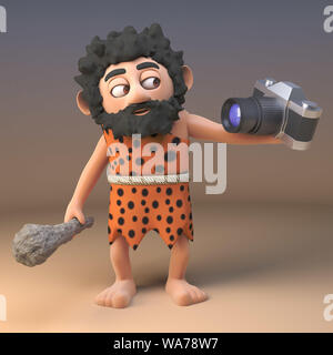 3d drôle de prendre un personnage de caveman et selfies tenant un club, illustration 3D render Banque D'Images