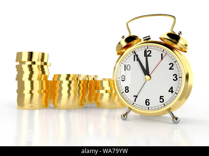 Réveil d'or et des piles de pièces d'or. Arrière-plan blanc. Le temps est argent concept. Le rendu 3D Banque D'Images