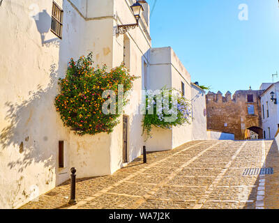 Rue typique de murs blanchis à la chaux de Vejer de la Frontera en ville avec La Segur Gate dans l'arrière-plan. Vejer de la Frontera, province de Cadiz, Espagne Banque D'Images