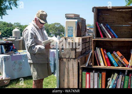 3 juin, 2018 St Joseph MI USA ; un homme regarde à travers de vieux livres à la vente à un événement appelé antiques antiquités sur la falaise à St Joseph au Michigan Banque D'Images