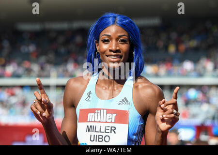 Birmingham, UK. 18 août 2019. Shaunae Miller-Uibo (BAH) dans le 200M lors du Grand Prix Final Muller 2019 Birmingham à Alexander Stadium le dimanche, Août 18, 2019 à Birmingham en Angleterre. Credit : Taka G Wu/Alamy Live News Banque D'Images