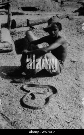 AJAXNETPHOTO. 1953-1957 (environ). INDO CHINE. Le VIETNAM. (Dans le pays EMPLACEMENT INCONNU.) - HOMME ASSIS AVEC SNAKE. photo:JEAN CORRE/AJAXREF:RX7  231 191508 Banque D'Images