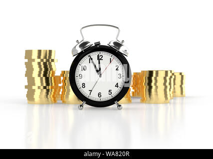 Réveil et des piles de pièces d'or. Arrière-plan blanc. Le temps est argent concept. Le rendu 3D Banque D'Images