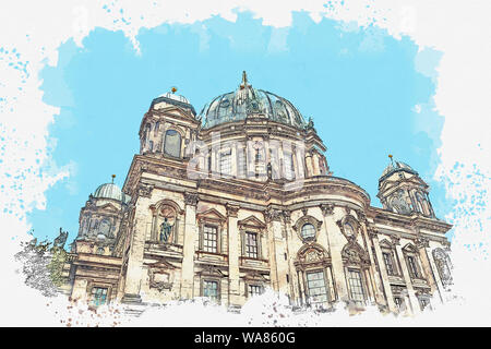 Une aquarelle ou une illustration de la cathédrale de Berlin appelé Berliner Dom. Berlin, Allemagne. L'architecture de la ville. Banque D'Images