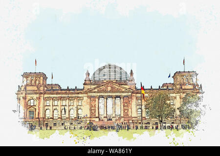 Aquarelle ou illustration d'une belle vue sur le bâtiment du Reichstag. L'une des attractions de Berlin en Allemagne et un lieu de prédilection à v Banque D'Images