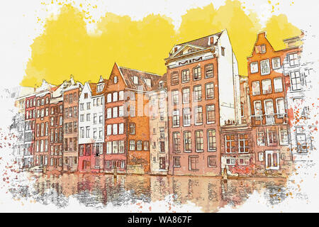 Aquarelle ou une illustration de l'architecture traditionnelle à Amsterdam aux Pays-Bas Banque D'Images