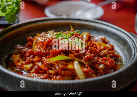 Vue rapprochée de "waejigogi bokkeum BOKKEUM' ou 'JEYUK' Korean style épicé sauté de porc sur une assiette chaude avec divers accompagnement au restaurant coréen. Banque D'Images