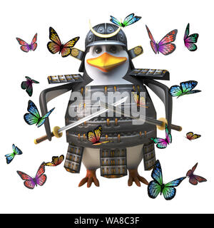 Dessin animé 3d pingouin caractère guerrier samouraï en armure avec épée entourée de papillons, illustration 3D render Banque D'Images