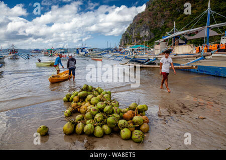 Une Pile de Buko (frais de coco) sur Corong Corong Beach, El Nido, Palawan, Philippines Banque D'Images