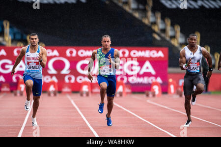 Birmingham, UK. Août 18, 2019. Adam Gemili (GBR) Christopher Belcher (USA) et YOHAN BLAKE (JAM) concurrence sur le 100m lors de la finale du Grand Prix de Birmingham Muller & événement IAAF Diamond League à l'Alexander Stadium. Credit : SOPA/Alamy Images Limited Live News Banque D'Images