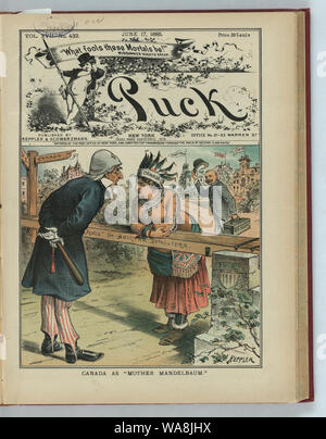 Le Canada comme Mère Mandelbaum Résumé : L'illustration montre l'Oncle Sam habillé comme un policier debout sur le côté américain d'une "clôture" pour American défaillants et à regarder M me Fredericka Mandelbaum qui est debout sur le côté canadien, vêtu comme un natif Américain, portant une coiffe appelée Canada et appuyée sur la barrière ; derrière elle, un homme portant une étiquette de cas L.R. Conseils Scott son chapeau, et à l'arrière-plan sont des manoirs étiqueté Mandelbaum, Eno, [et] Stewart. Banque D'Images