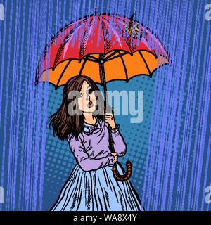 Fille dans la pluie sous un parapluie. Retro pop art dessin illustration vectorielle Illustration de Vecteur