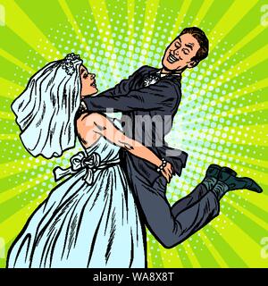 Amour mariage. heureux mariés. femme porte l'homme. Retro pop art dessin illustration vectorielle Illustration de Vecteur