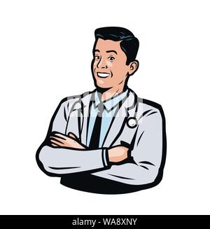 Médecin homme confiant. Médecine, logo ou emblème de l'hôpital. Illustration vectorielle Illustration de Vecteur