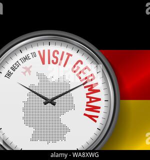 Le meilleur moment pour visiter l'Allemagne. Voyage vers l'Allemagne. Vol touristique. Waving Flag Background and Dots Pattern Map sur le cadran. Vector Illustration. Illustration de Vecteur