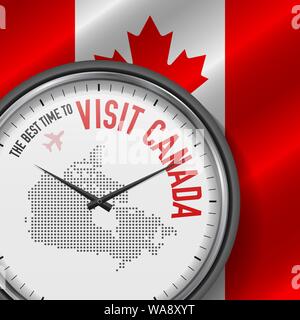 Le meilleur moment pour visiter le Canada. Voyager au Canada. Vol touristique. Waving Flag Background and Dots Pattern Map sur le cadran. Vector Illustration. Illustration de Vecteur